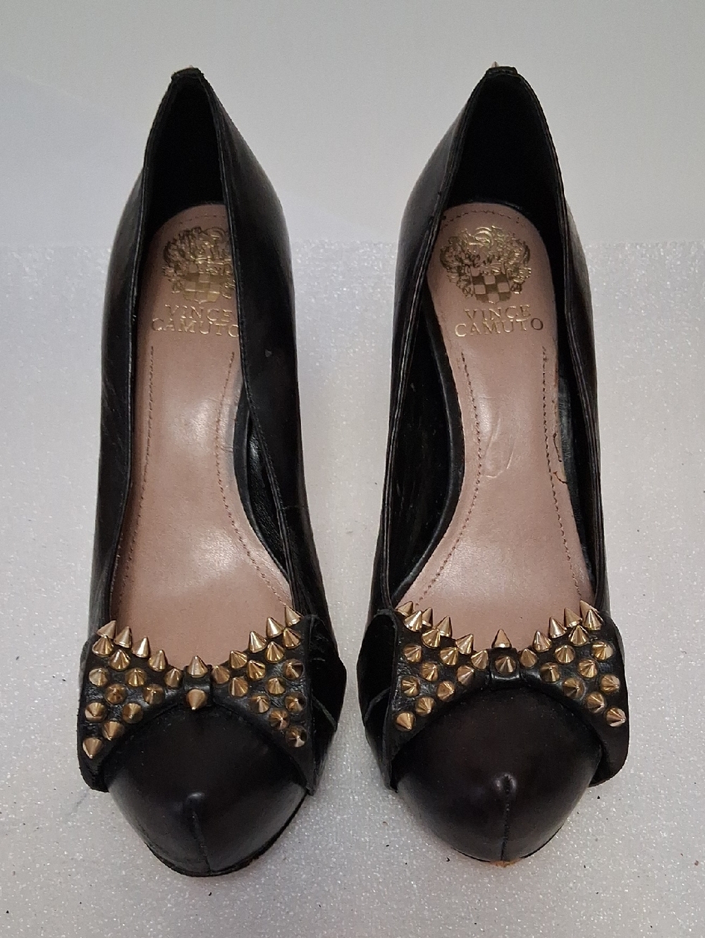 Vince Camuto Black Leather Peep-Toe Pumps with Gold Stud Bow